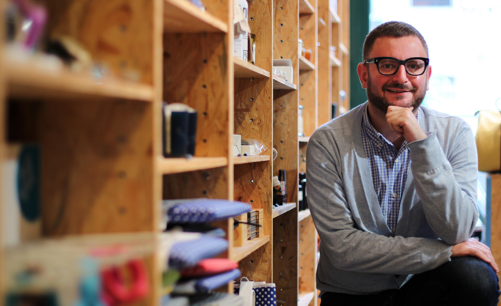 Portrait of Arnault Castel, founder of Kapok and Working Unit Ltd., at his lifestyle boutique in Wan Chai. 18MAR13